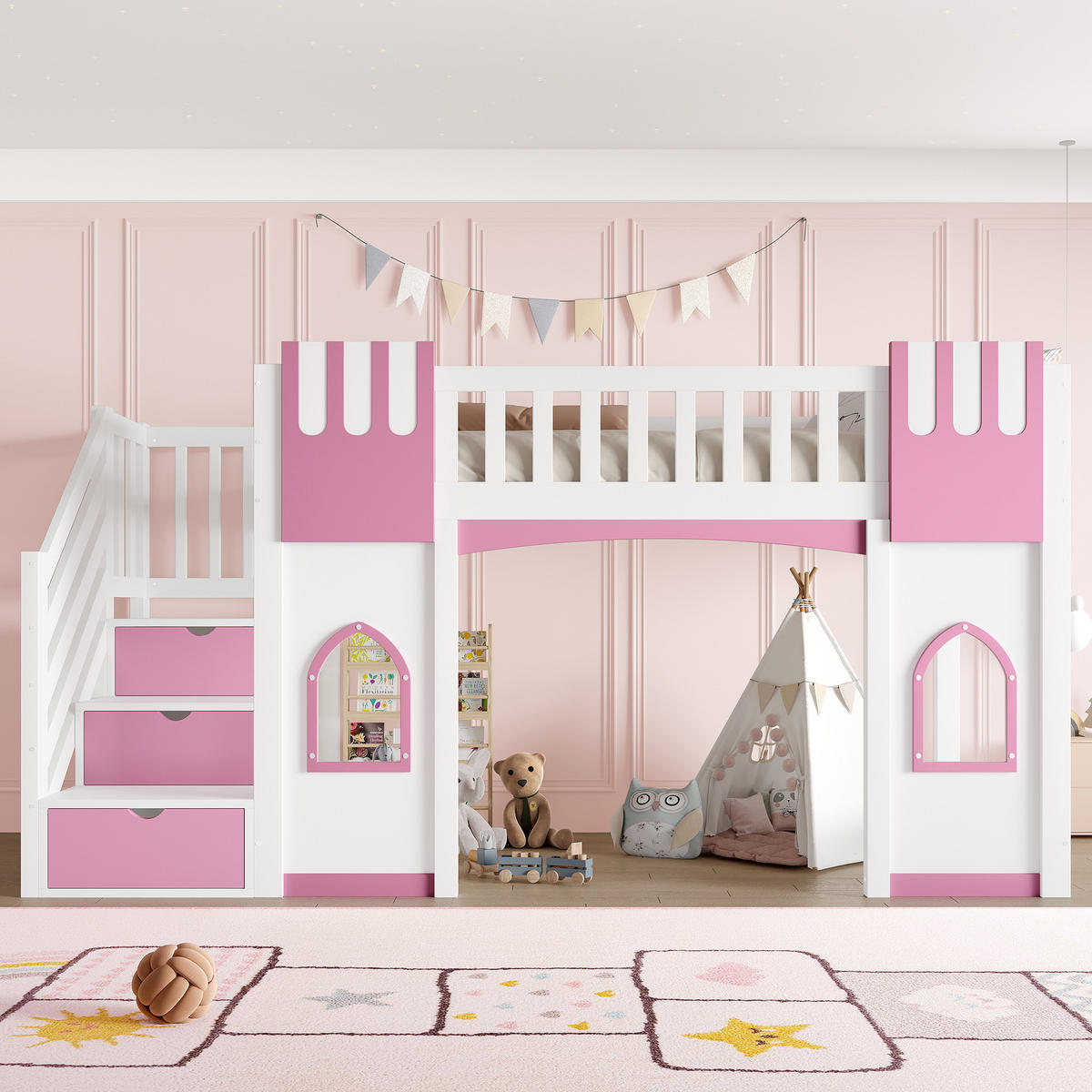 HOCHBETT 90/200 cm in Weiß & Rosa mit Stauraumtreppe und Fenstern aus Holz im verspielten Design - Rosa, Holzwerkstoff (90/200cm) - STILVORA