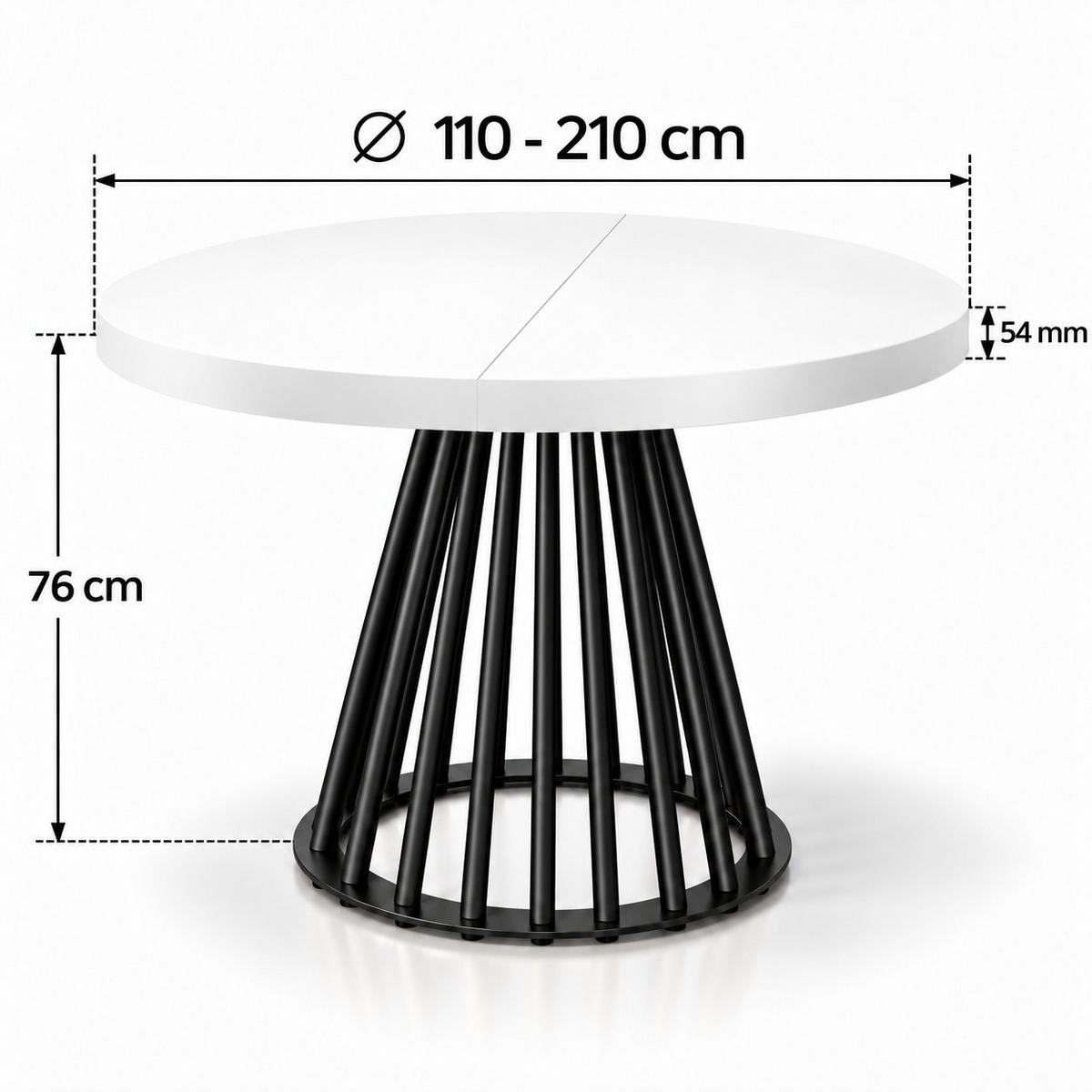 ESSTISCH rund ausziehbar 110/210/76 cm, Weiß, 54 cm Tischplatte + Lamellen-Metallgestell Schwarz - Schwarz/Weiß, Holzwerkstoff/Metall (110/210/76cm) - Damale Möbel