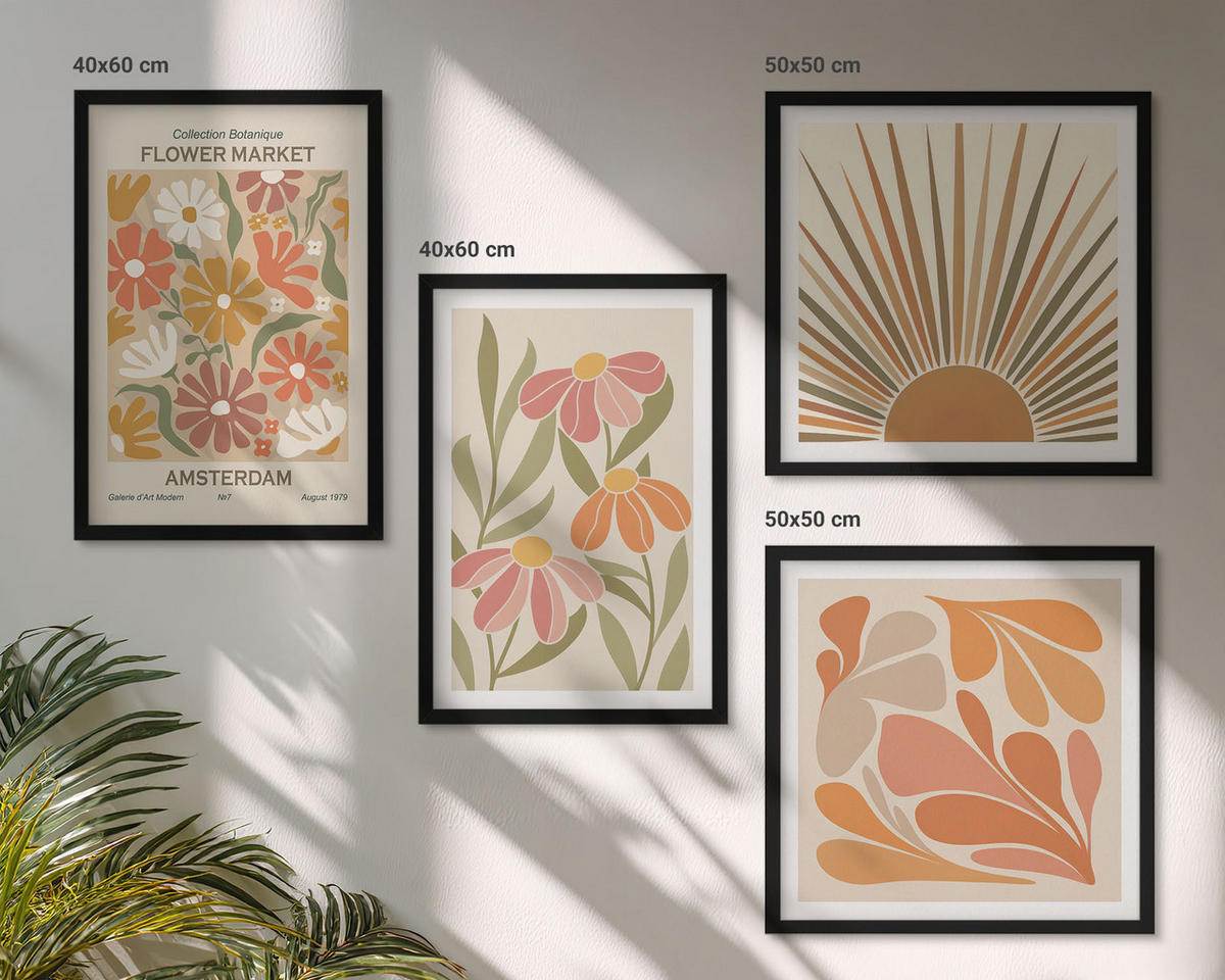 BILDER SET 4er Set - 50x50 cm & 40x60 cm Schwarzer Rahmen - Pastellfarbene Sonnenblumen - Schwarz, Kunststoff (50/50cm) - TULUP