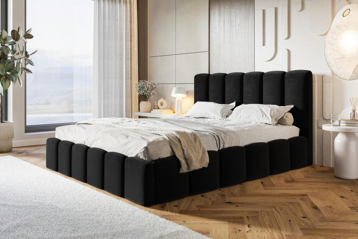 BETT 140x200 - Polsterbett mit Bettkasten und Holzrahmen - Modern Betten - Weicher Jasminstoff - Kollektion Lucy - Schwarz - Schwarz, Holz/Textil (140/200cm) - Alpi-Möbel