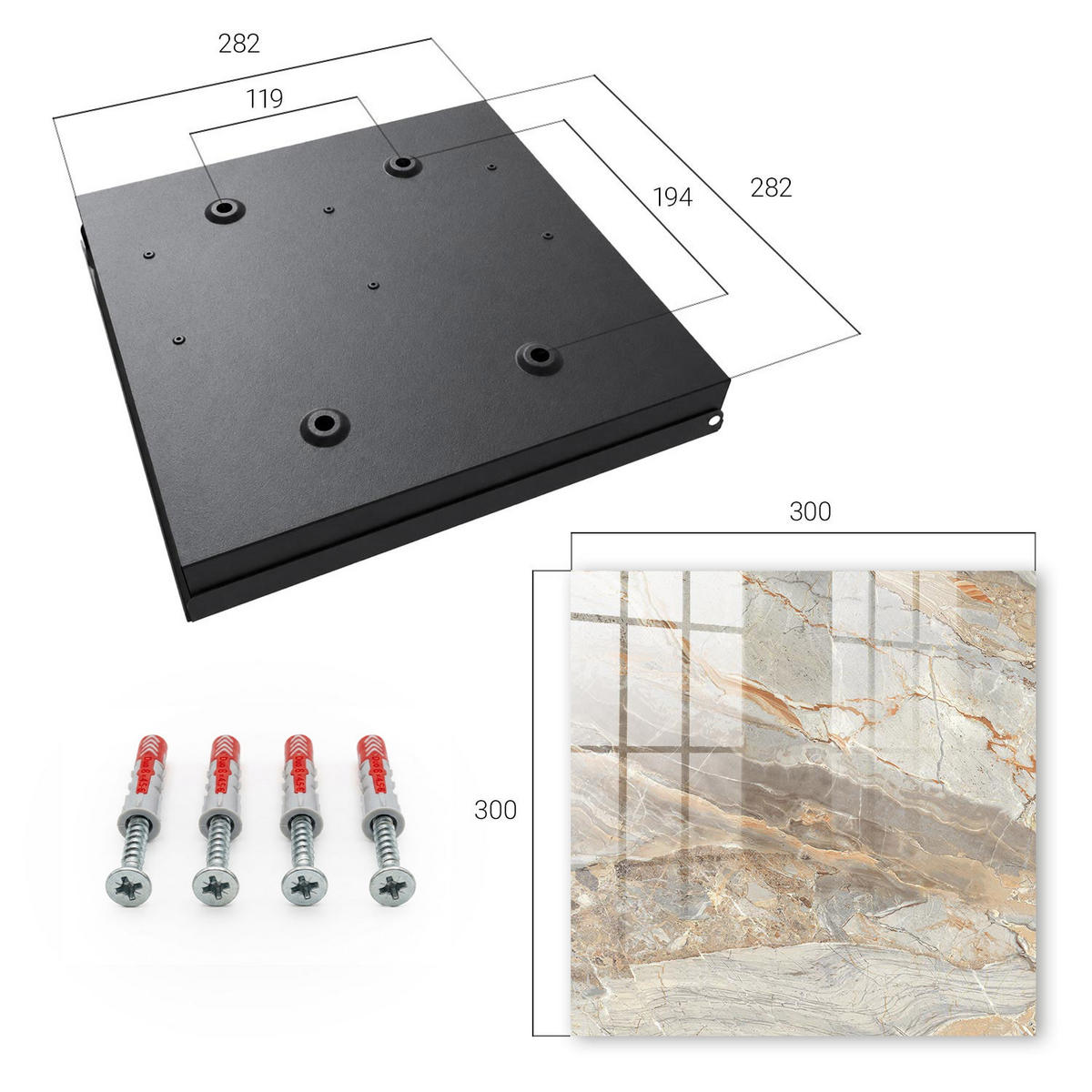 SCHLÜSSELBOX Schwarz 30x30 cm- Türöffnung nach rechts - Eleganter Marmor - Grau, Metall (30/30/5cm) - TULUP