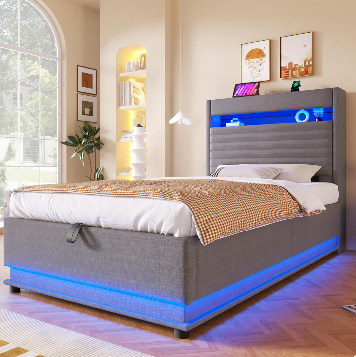 POLSTERBETT mit Stauraum 90x200 cm LED USB Leinen Grau - Grau, Metall (90/200cm) - Meubliv