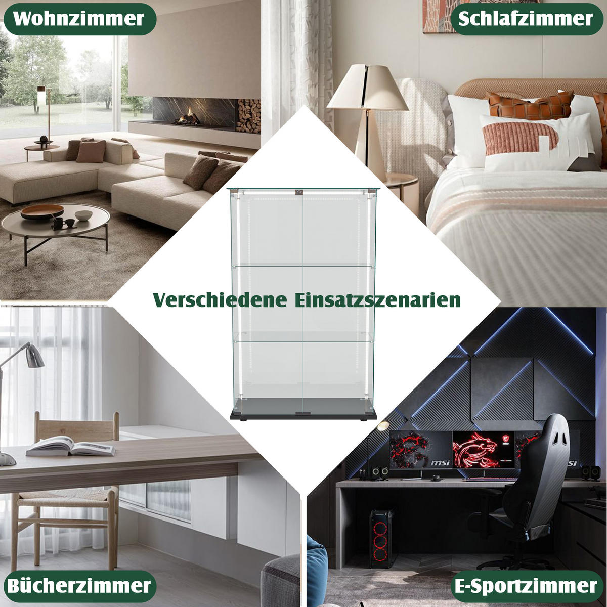 VITRINE Schwarz Mit LED, 2 Türen, 3 Böden, Glas-Schrank Für Wohnzimmer - Schwarz, Holz (35/123.3/78.5cm)
