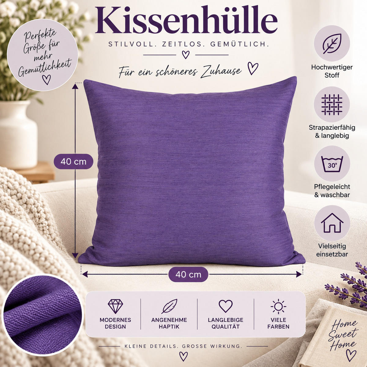 KISSENBEZUG Canada 60/60 cm meliert Lila - Lila, Textil (60/60cm) - TiborTex