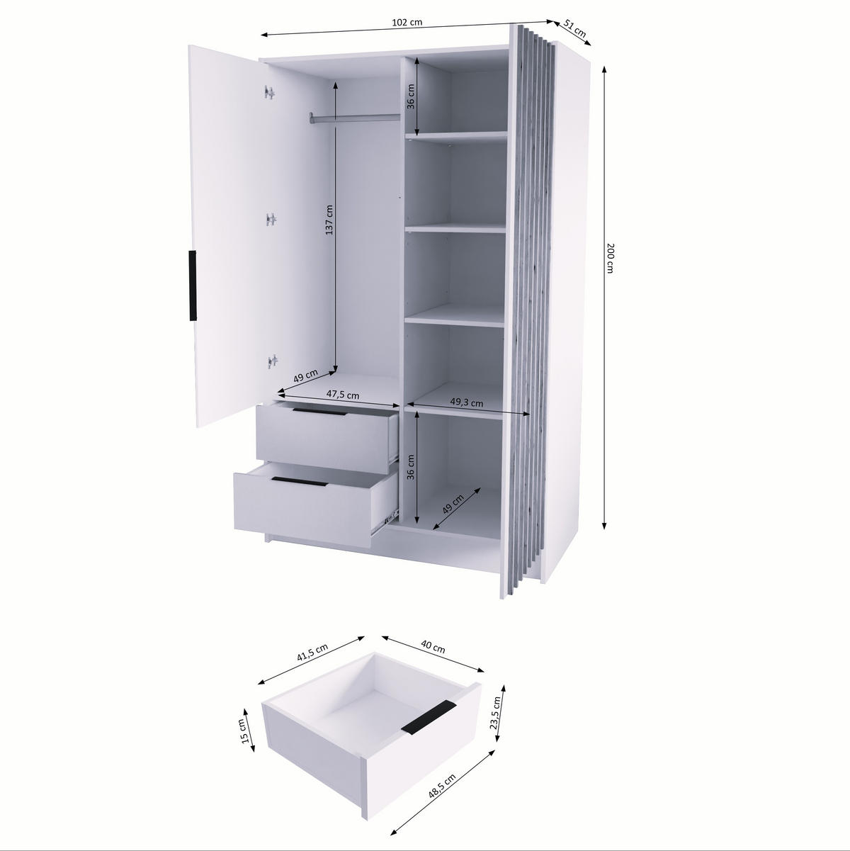 DREHTÜRENSCHRANK PELOR 102/200/51 cm Modern Kleiderschrank 3-türig Weiß - Weiß, Holzwerkstoff (102/200/51cm) - MASSENO