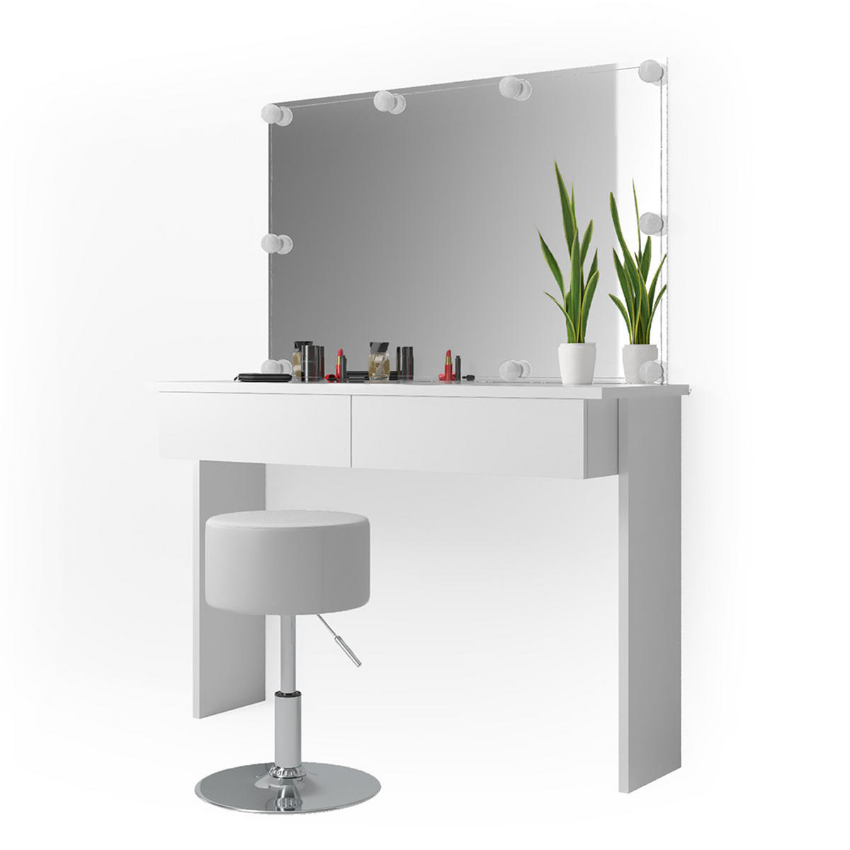SCHMINKTISCH Azur Weiß 120 cm mit LED Beleuchtung und Hocker - Weiß, Holzwerkstoff (120/83/40cm) - Vicco