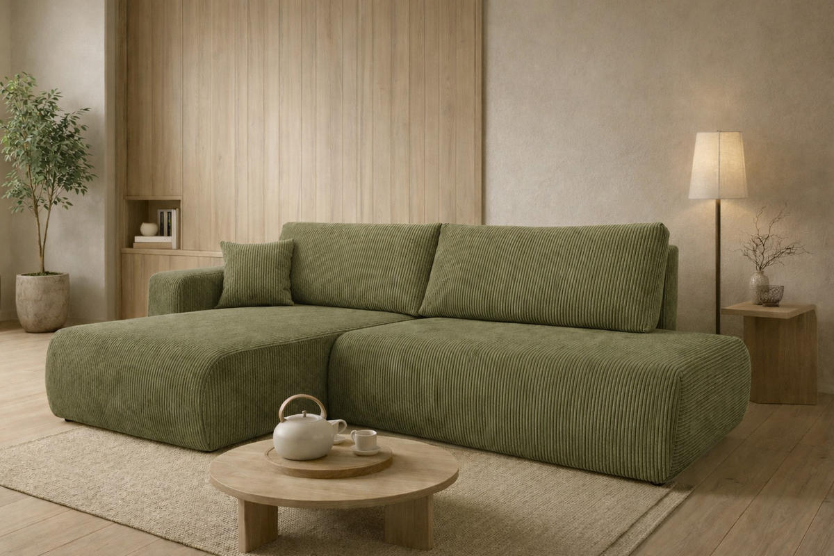 ECKSOFA Mit Schlaffunktion Und Bettkasten, Cordstoff Poso, Olive, Links, OPEN XL - Olivgrün, Holz (262/145cm) - Kaiser Möbel