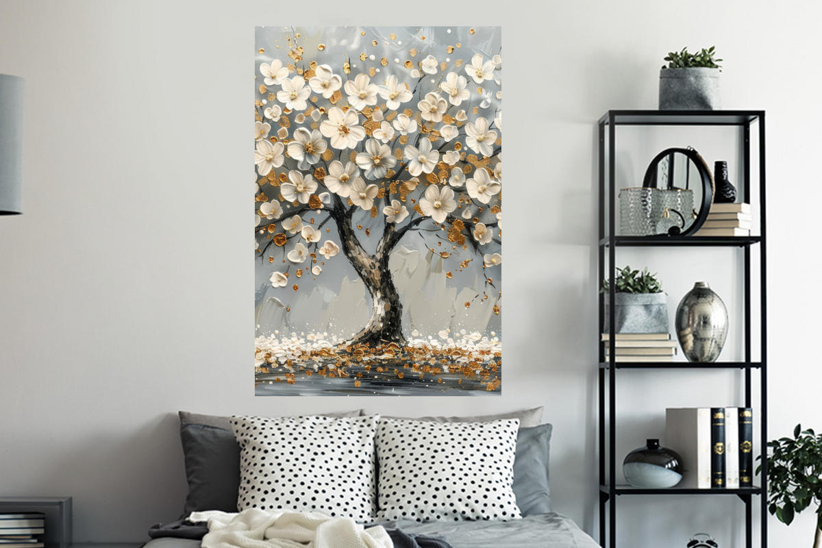 WANDTATTOO Baum - Blumen - Weiß - Natur - Kunst 80x120 cm - Weiß, Kunststoff (80/120/0.1cm) - MuchoWow
