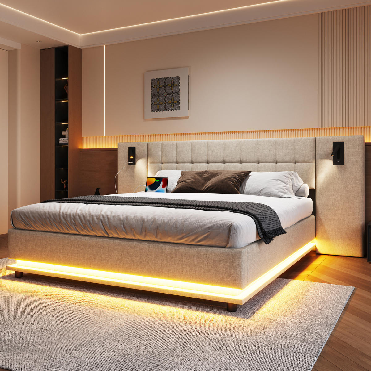 ČALOUNĚNÁ postel 180/200 cm, len, béžová, s LED páskem, USB a lampičkou - béžová, textil (180/200cm) - BEAOK