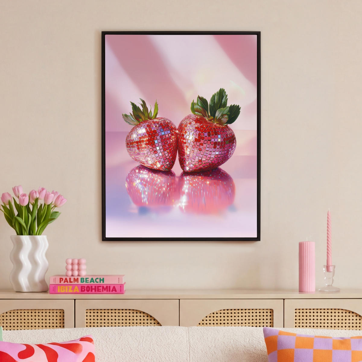 LEINWAND Bilder mit Rahmen - Disco - Obst - Glitzer - Erdbeere - 70x100 - Pink, Textil (70/100cm) - MuchoWow