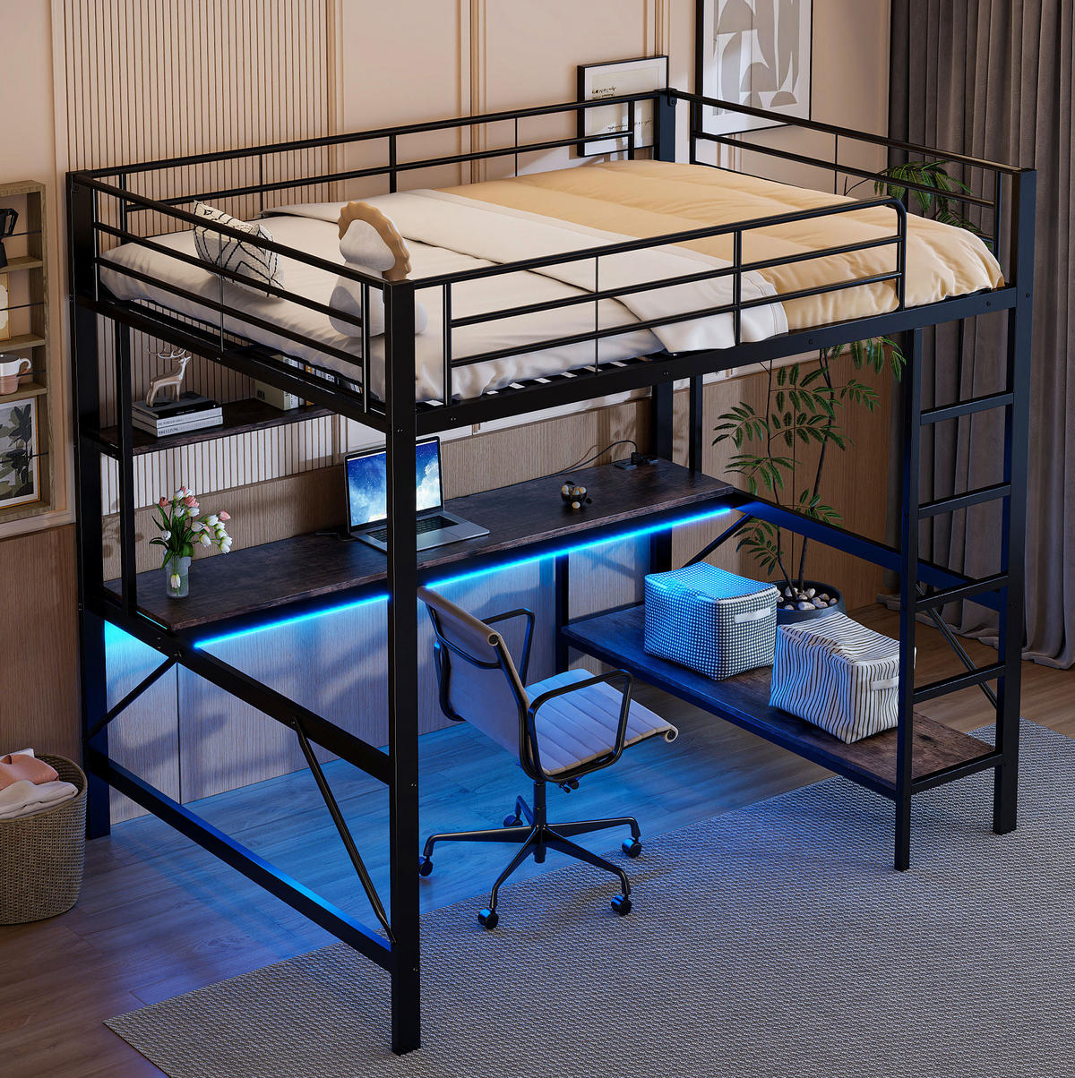 HOCHBETT 140/200 cm schwarz mit USB- und Steckdosenanschlüssen LED-Beleuchtung und Schreibtisch - Schwarz, Metall (140/200cm) - OKWISH