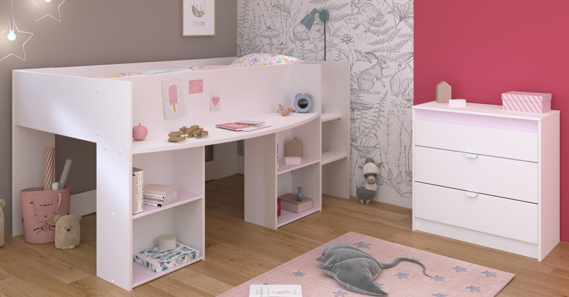 KINDERZIMMER Set 2-tlg. mit Hochbett 90 x 200 cm und Kommode - Weiß/Rosa, Holzwerkstoff/Kunststoff (205/104/132cm) - Parisot Meuble