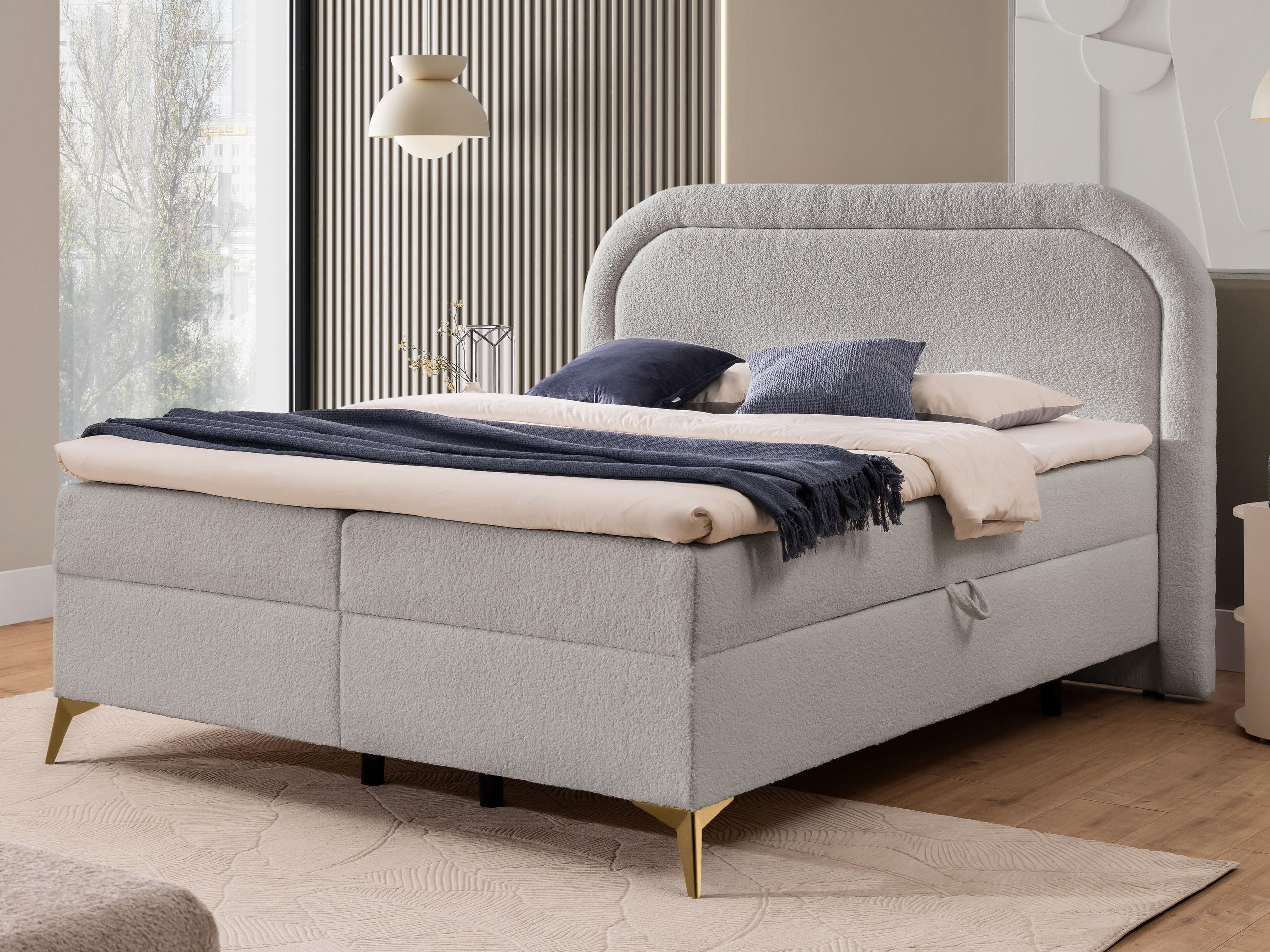 BOXBETT Sonna 200/200 cm Hellgrau Bouclé-Stoff mit abgerundetem Kopfteil und mit goldenen Metallfüße - Goldfarben/Hellgrau, Holz/Textil (200/200cm) - S-Style Möbel