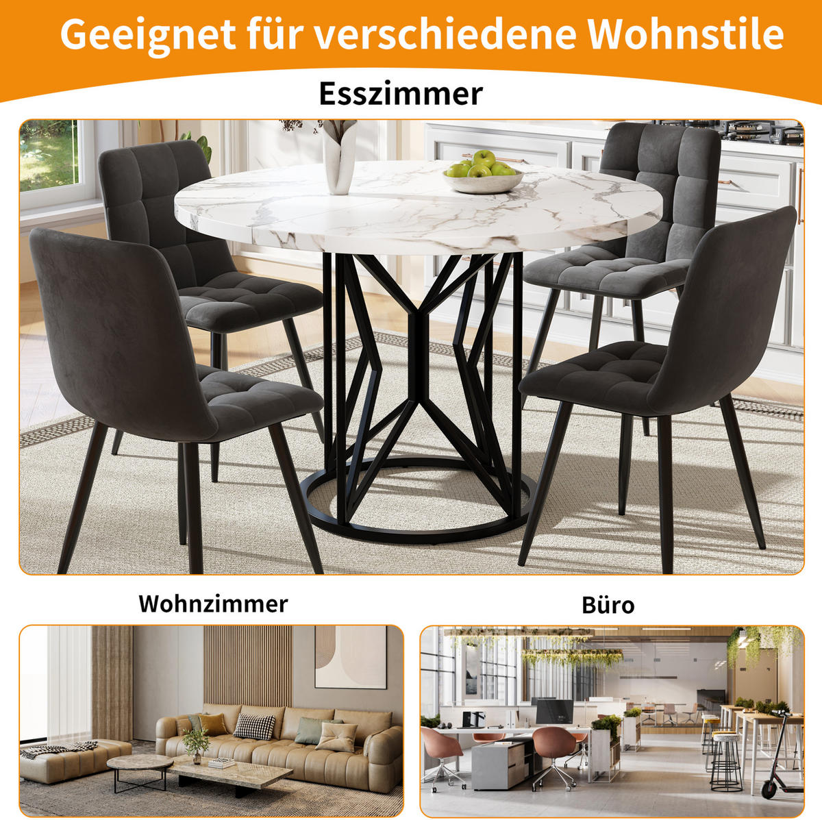 ESSTISCH, MDF in Marmoroptik mit Metallgestell, 100/100/76 cm, Schwarz - Schwarz, Holzwerkstoff (100/100/76cm) - Redom