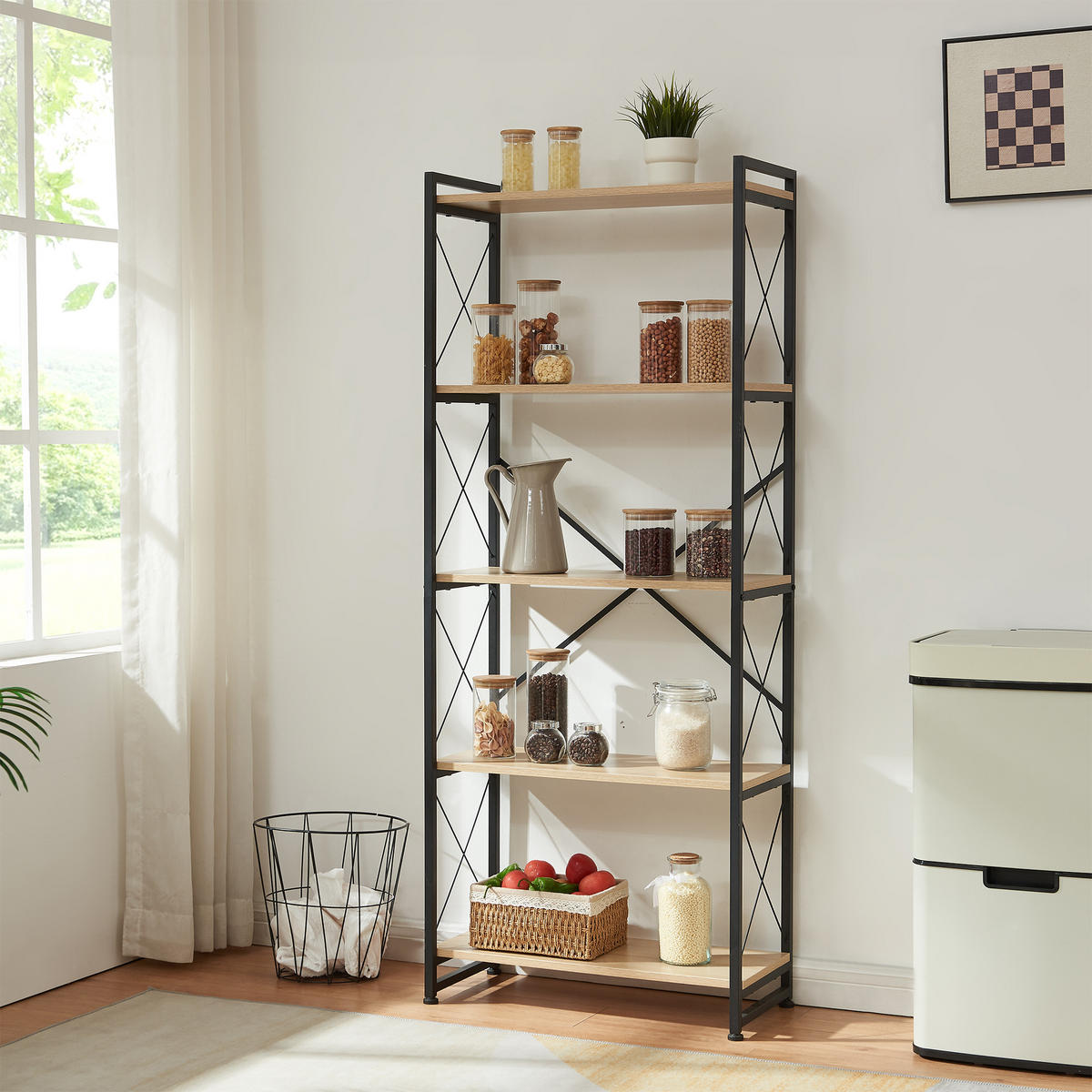 STOJANOVÁ POLICE Skørping - černá/barva dubu, kov/kompozitní dřevo (65/160/30cm) - [en.casa]