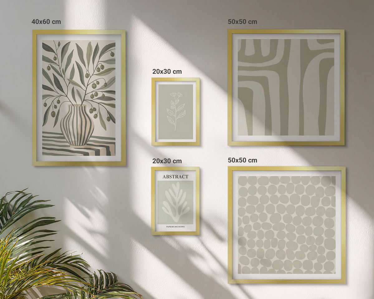BILDER SET 5er Set - 50x50 cm & 20x30 cm & 40x60 cm Goldrahmen - Abstrakte Pflanzenmuster - Goldfarben, Kunststoff (40/60cm) - TULUP