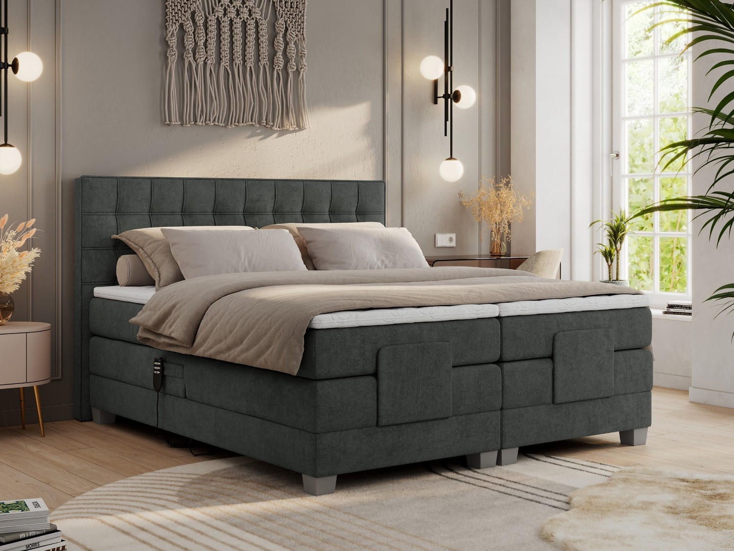 Thumbnail - MKS Boxbett, Dunkelgrau, Textil, 2-Sitzer, H3, 7-Zonen, Rechteckig, 200x200 cm, Schlafzimmer, Betten, Boxspringbetten