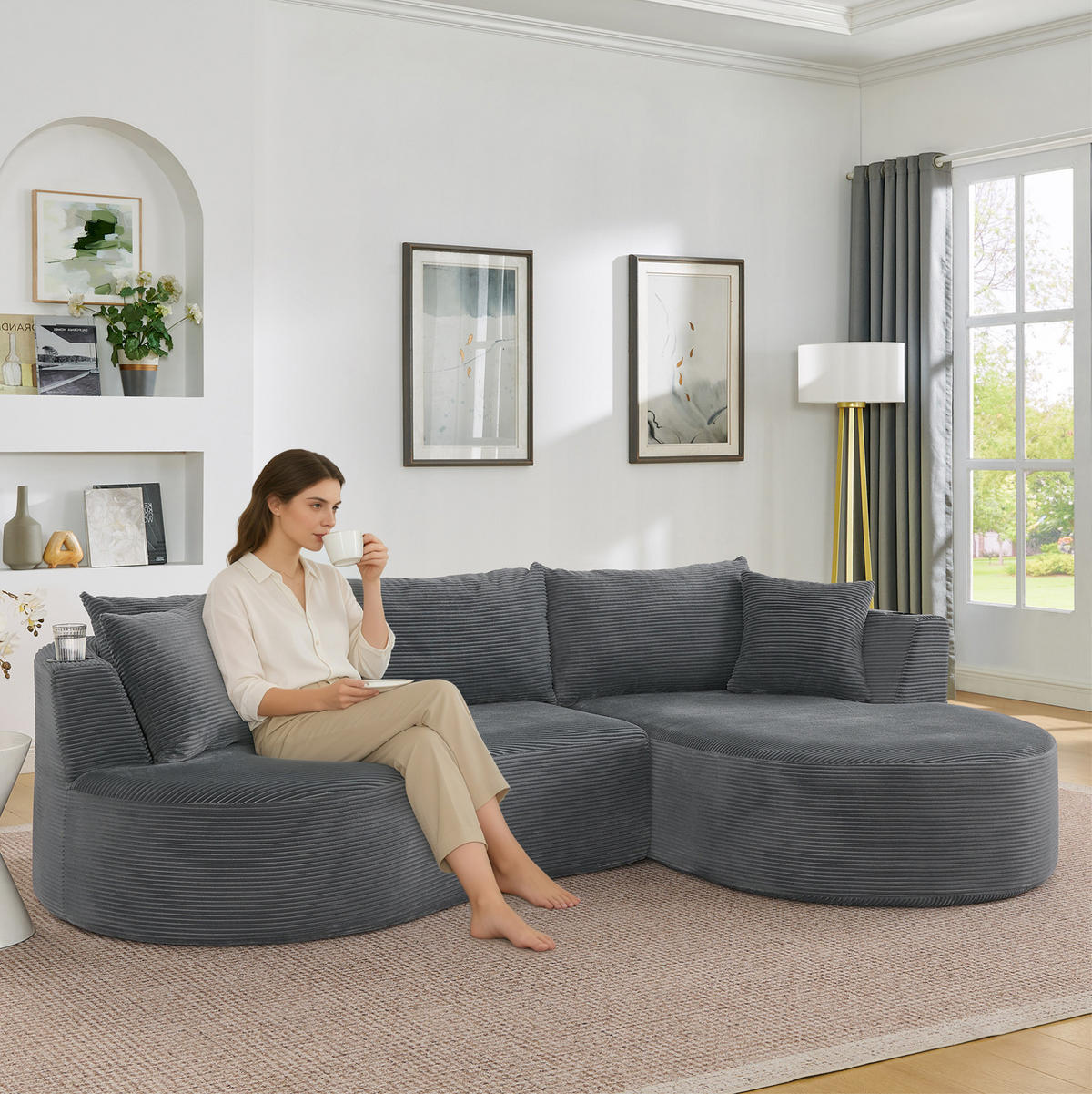 SOFA 3-Sitzer mit Getränkehaltern Kordstoff Gray - Grau, Textil (168/264.1cm) - Meubliv