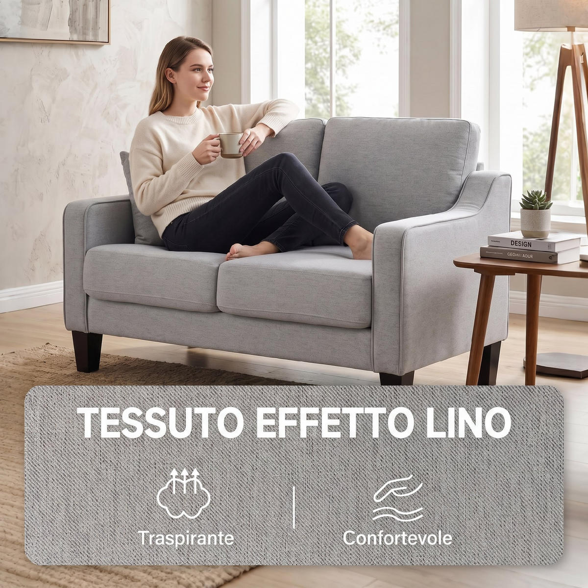 SOFA, 2-Sitzer, Leinenoptik, modern, platzsparend, hellgrau, 136x77x86cm - Multicolor, Holzwerkstoff (136/86/77cm) - FORIOUS