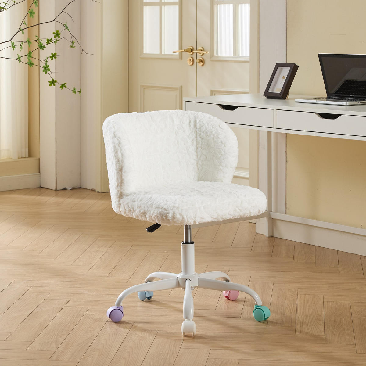SNURRSTOLAR, Fuskpäls, Snurrbara, Höjdjusterbara, Beige - Cremefärgad, Metall (57/81/55cm) - SHOPENTRA