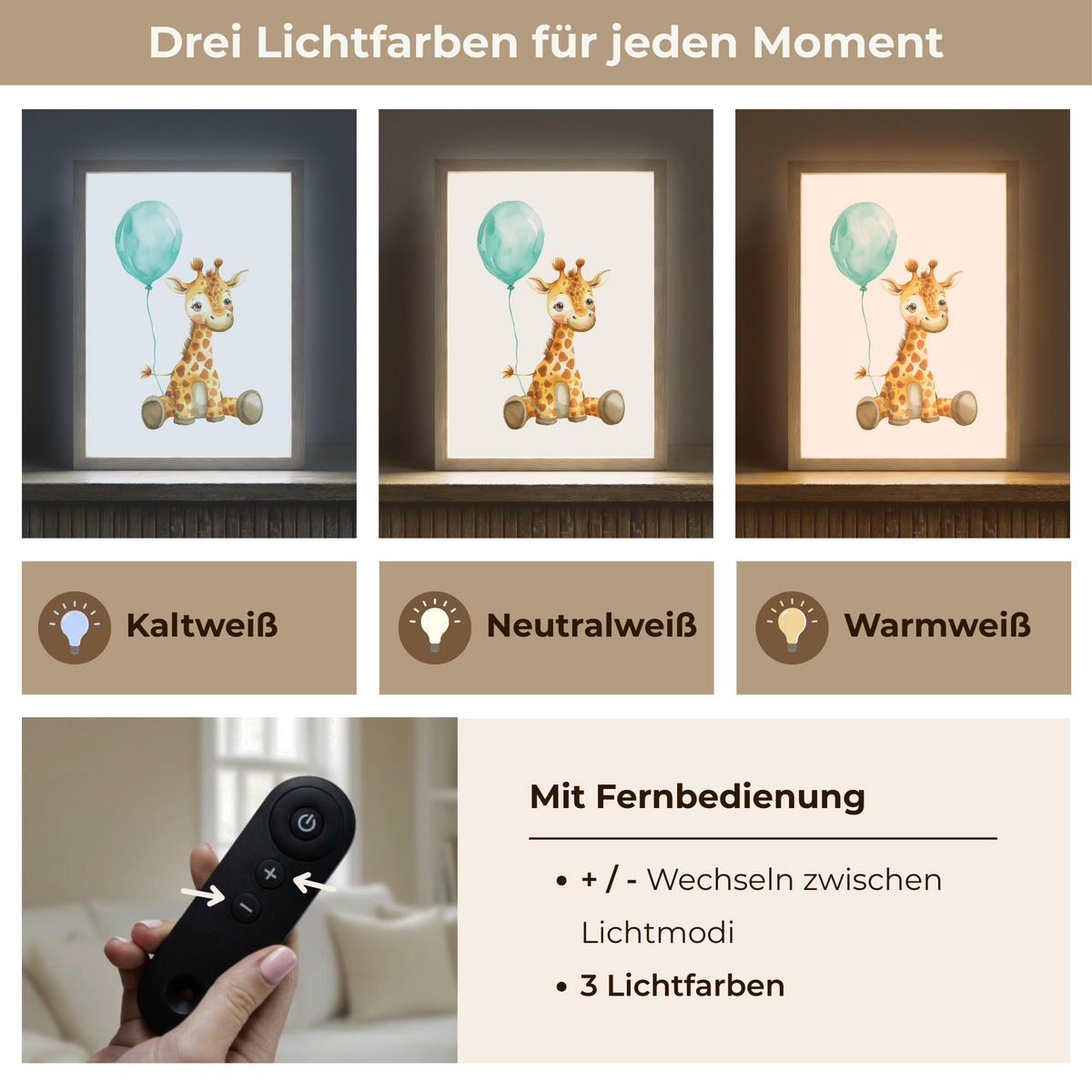 NACHTTISCHLAMPE MIT AKKU Giraffe - Baby - Tiere - Blauer Ballon 30x40 cm - Weiß, Holzwerkstoff (8/30/40cm) - OnlyWow
