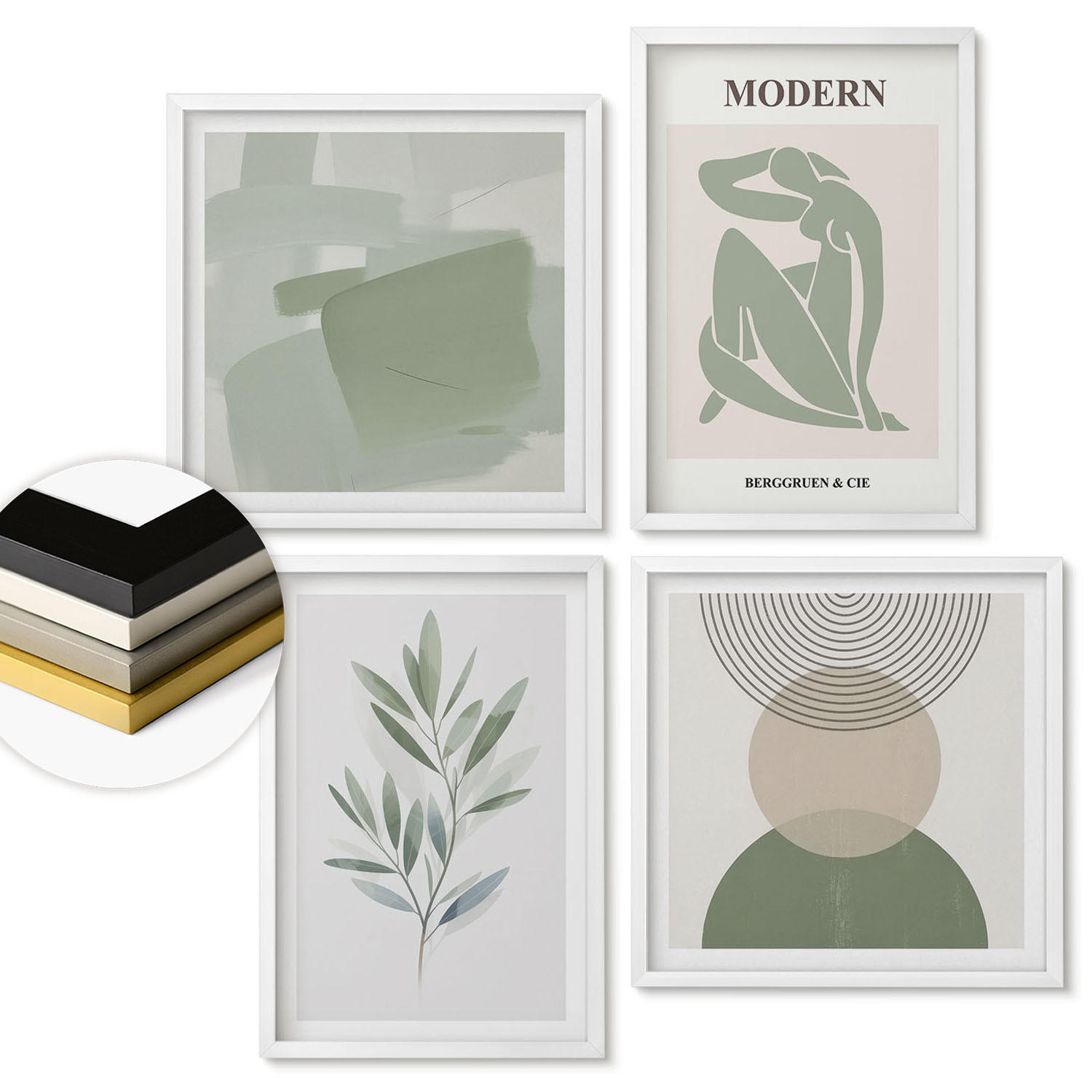 WANDBILDER 4er-Set - 50x50 cm & 40x60 cm Weißer Rahmen - Stilvolle abstrakte Pflanzengrafiken - Weiß, Kunststoff (50/50cm) - ArtPrintCave
