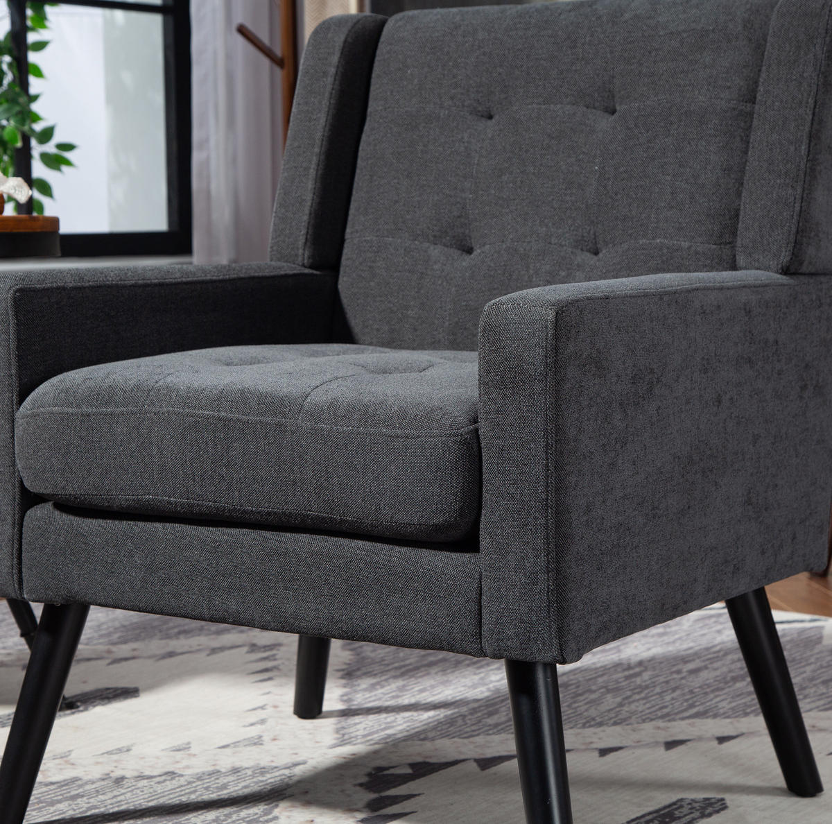 SESSEL 76/68/88 cm dunkelgrau aus Stoff mit Tufting und Massivholzbeinen - Dunkelgrau, Textil (76/88/68cm) - OKWISH