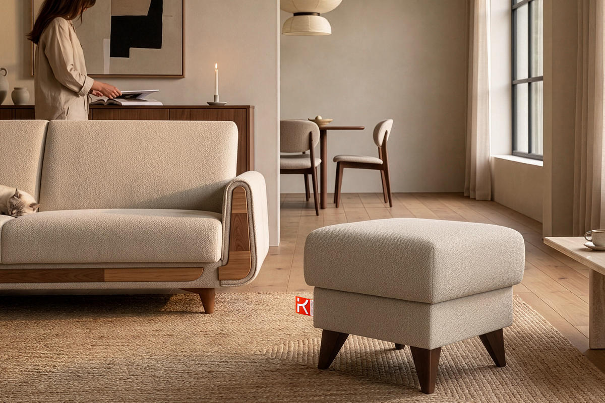 HOCKER GUSTAVO Fußstütze, Bouclé, Creme - Creme, Holz/Holzwerkstoff (53/49/53cm) - KONSIMO®