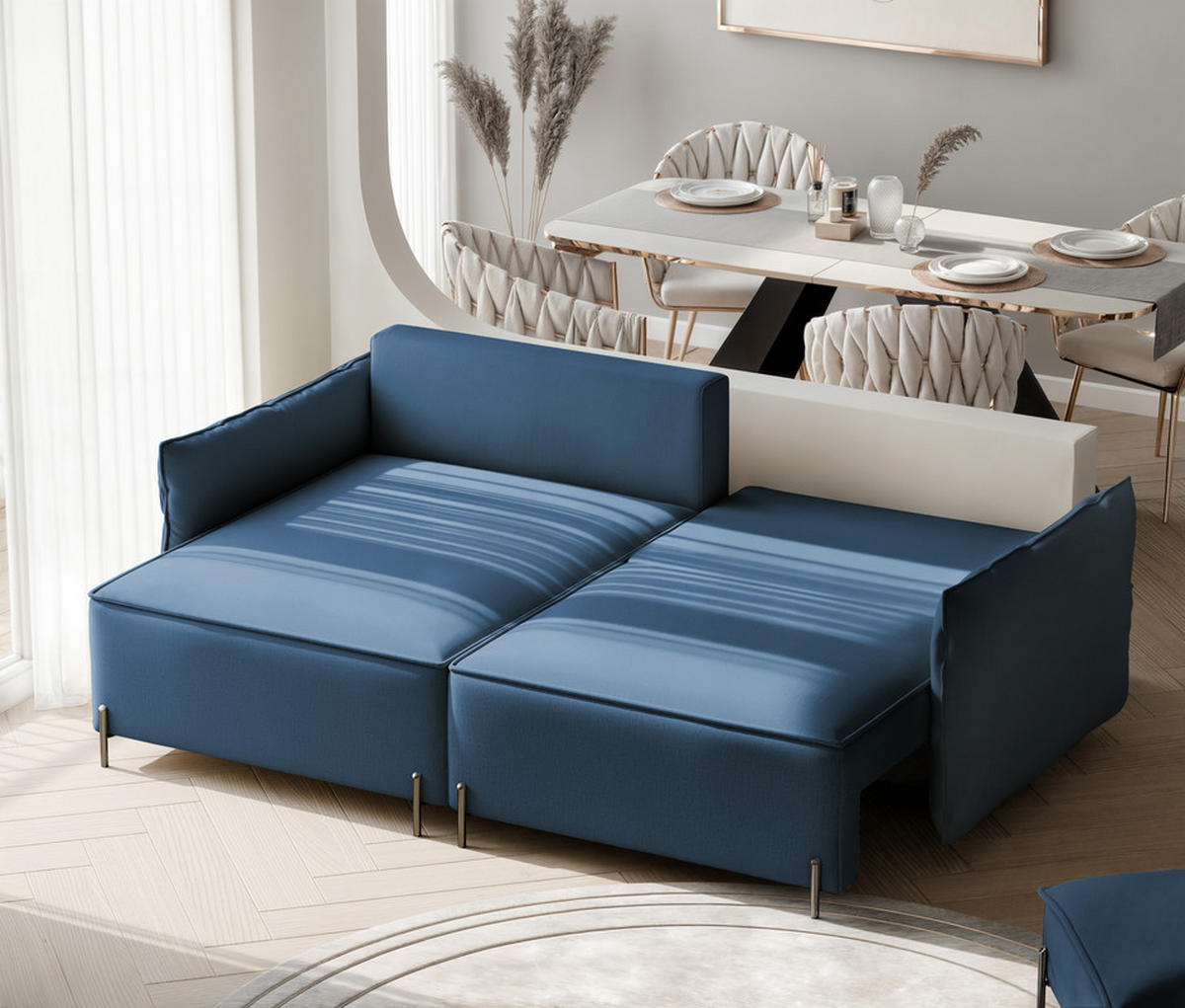 ECKSOFA MARCO Links, mit Schlaffunktion und Bettkasten, Marineblau - Dunkelblau, Textil/Metall (221/148cm) - Idohome