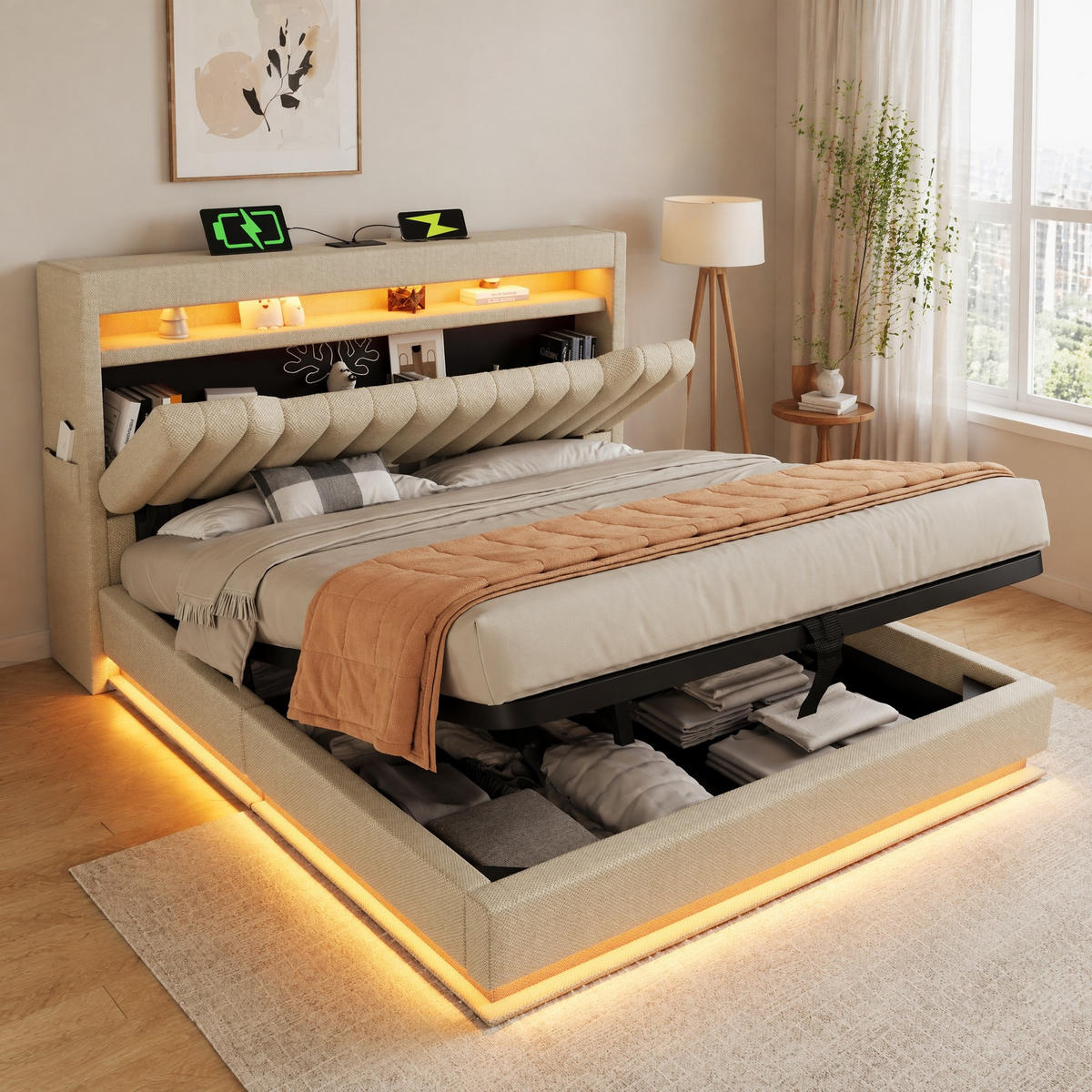 POLSTERBETT 180/200 mit Bettkasten, LED, USB/Typ-C und hydraulischem Stauraum in Beige - Beige, Holzwerkstoff/Textil (180/200cm) - EVRYAE