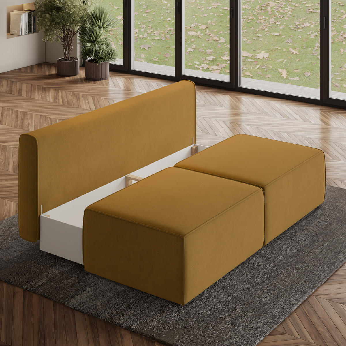 ECKSOFA VARNA M Gelb Velours-Stoff mit Schlaffunktion - Gelb, Holz (196/158cm) - MASSENO