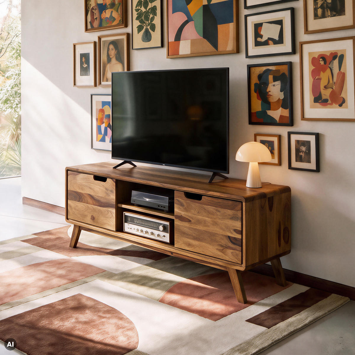 TV-BOARD Sheesham 134x40x48 natur sandgestrahlt lackiert MALMÖ 2 #219 - Naturfarben, Holz (40/48/134cm) - Massivmoebel24