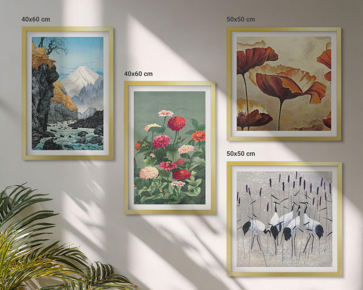 BILDER SET 4er Set - 50x50 cm & 40x60 cm Goldrahmen - Berge, Wasserfälle, Vögel, Blumen - Goldfarben, Kunststoff (50/50cm) - TULUP