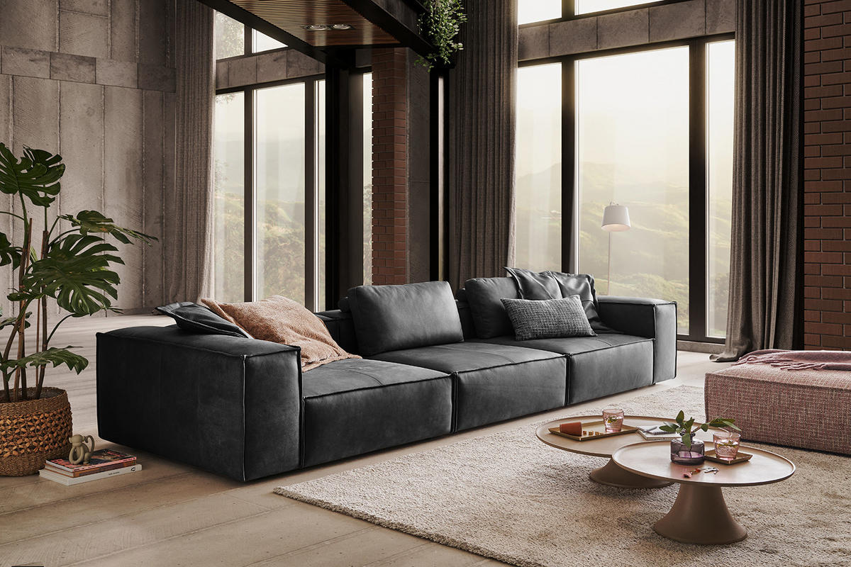 SOFA CARMO Anthrazit Leder - Anthrazit/Schwarz, Leder/Kunststoff (366/68/118cm) - KAWOLA