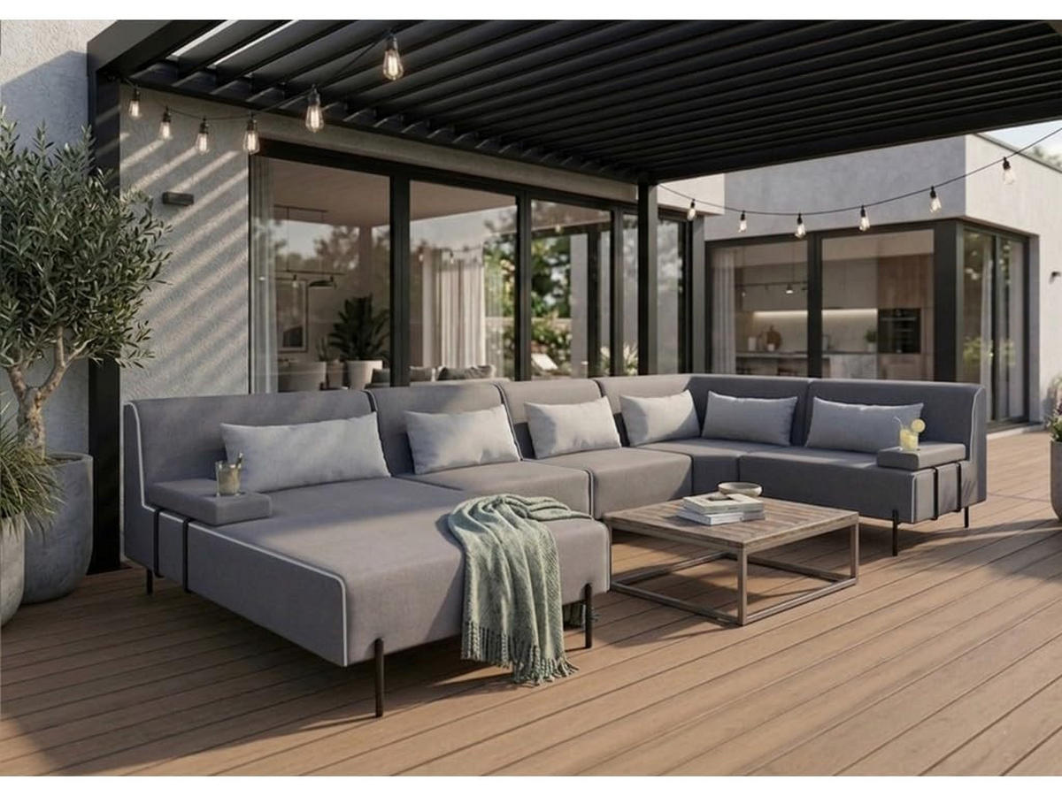 GARTENSOFA BORNEO XL Wetterfest 370x222x86 cm, Rechts, Solide Konstruktion, HR-Schaumfüllung, Wetterfeste Bezugstoff, Grau - Grau, Holz/Metall (370/86/222cm) - Trada