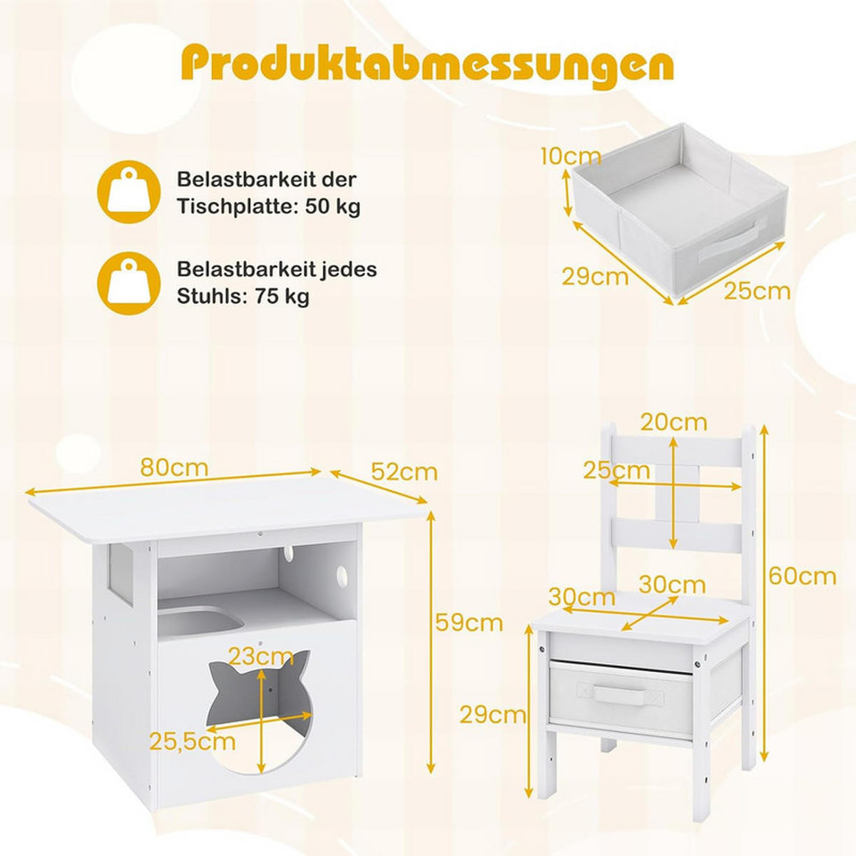 KINDERTISCH mit stuhl weiß(3-tlg) - Weiß, Holzwerkstoff (80/59/52cm) - COSTWAY