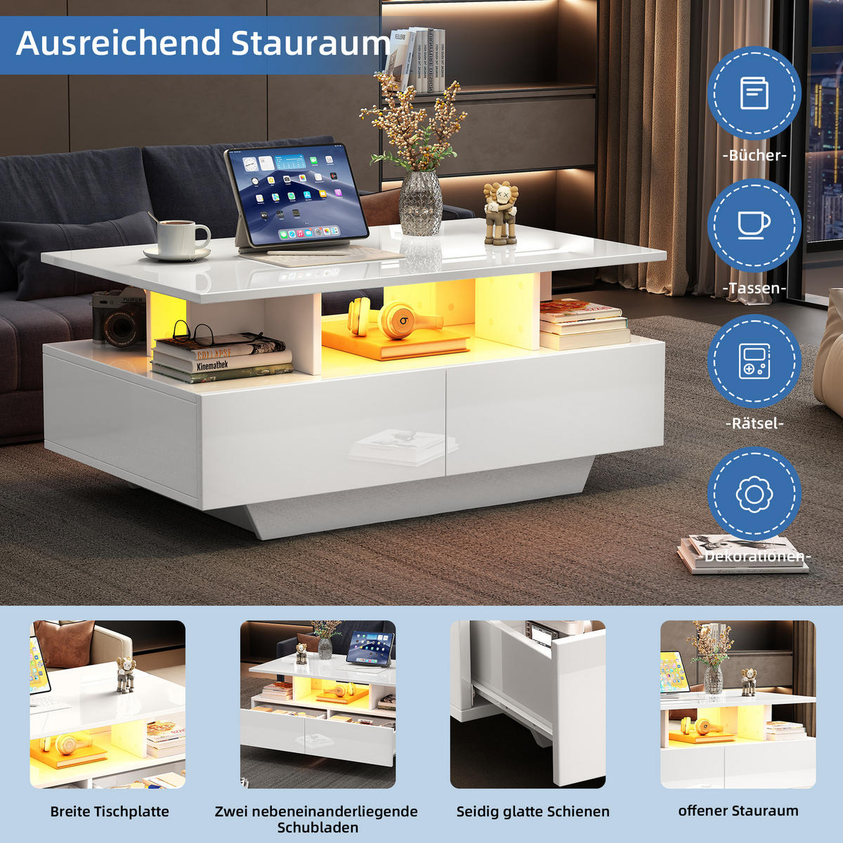 COUCHTISCH Kommode mit LED-Beleuchtung, Schubladen Hochglanz Spanplatte 30 kg Tragkraft Weiß - Weiß, Holzwerkstoff (90/55/41cm) - EVRYAE
