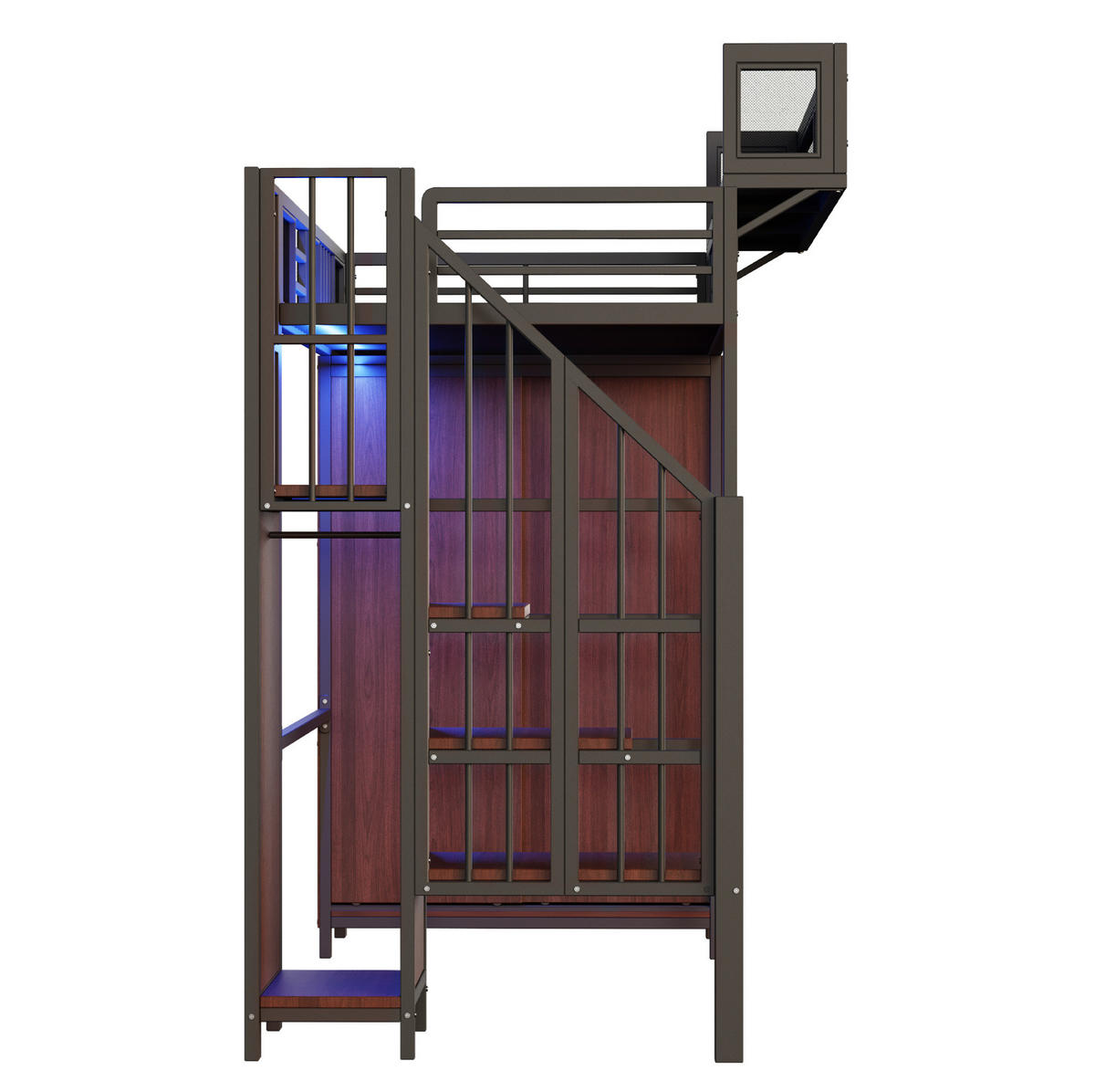 HOCHBETT aus Metall und Holz 90x200 cm Schwarz mit LED-Beleuchtung, Kleiderschrank und Aufbewahrungsleiter - Schwarz, Metall - Modfu