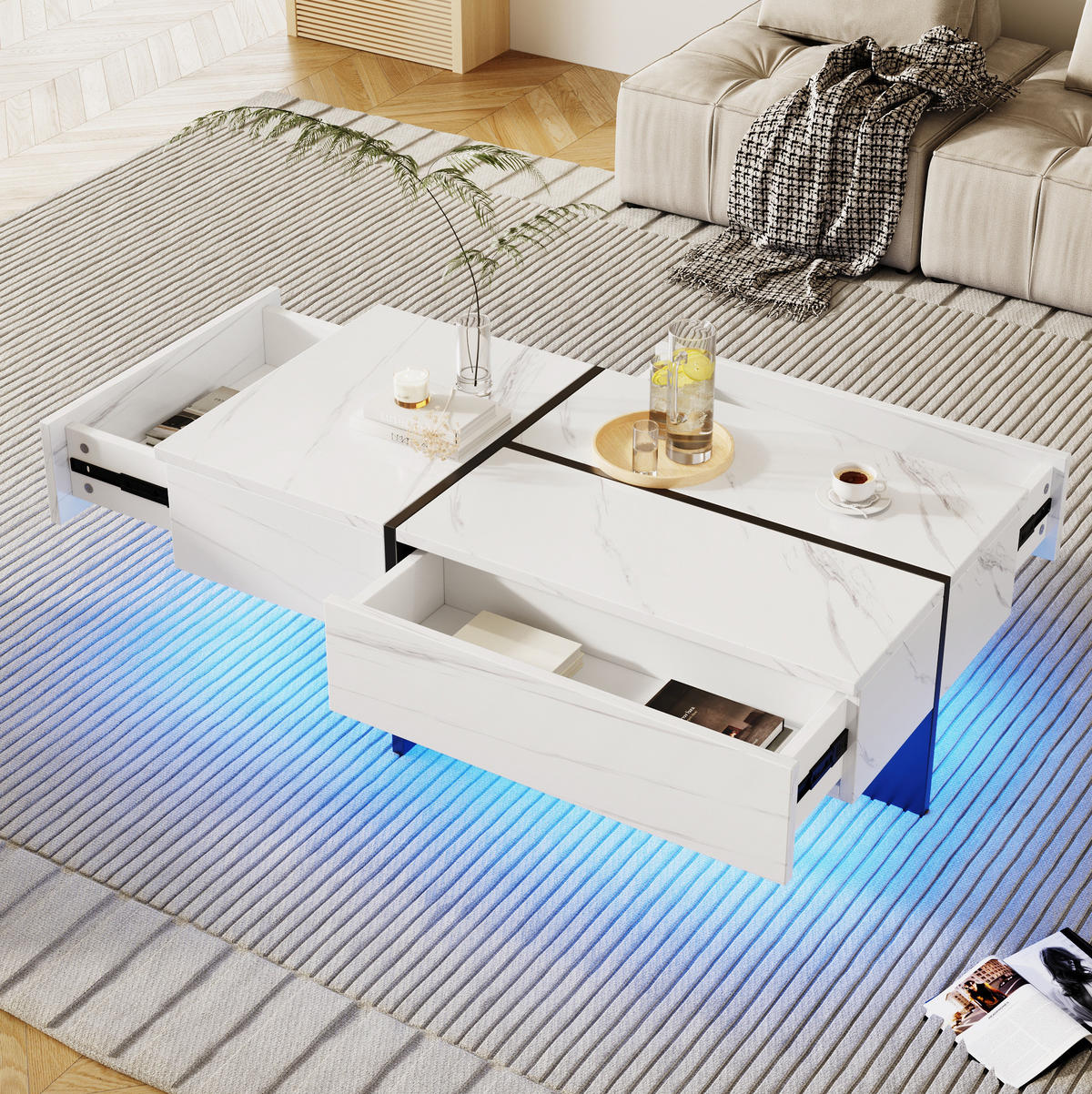 COUCHTISCH 100/50/34,5 cm in Weiß Hochglanz mit 3 Schubladen und LED-Beleuchtung - Weiß, Holzwerkstoff (100/50/34.5cm) - Flora Grace