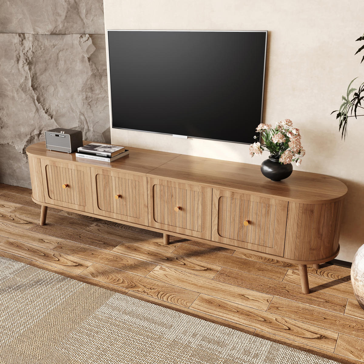 TV-SCHRANK 180cm 4 Türen Goldgriffe Holzbeine modern - Eichefarben, Holzwerkstoff (38/47/180cm) - FLIEKS