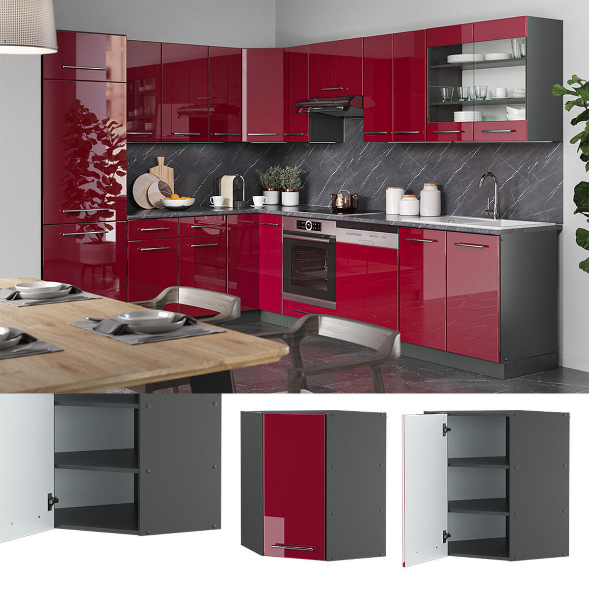 ECKHÄNGESCHRANK Fame-Line Bordeaux Hochglanz 57 cm - Bordeaux/Anthrazit, Holzwerkstoff (57/72/34.1cm) - Vicco