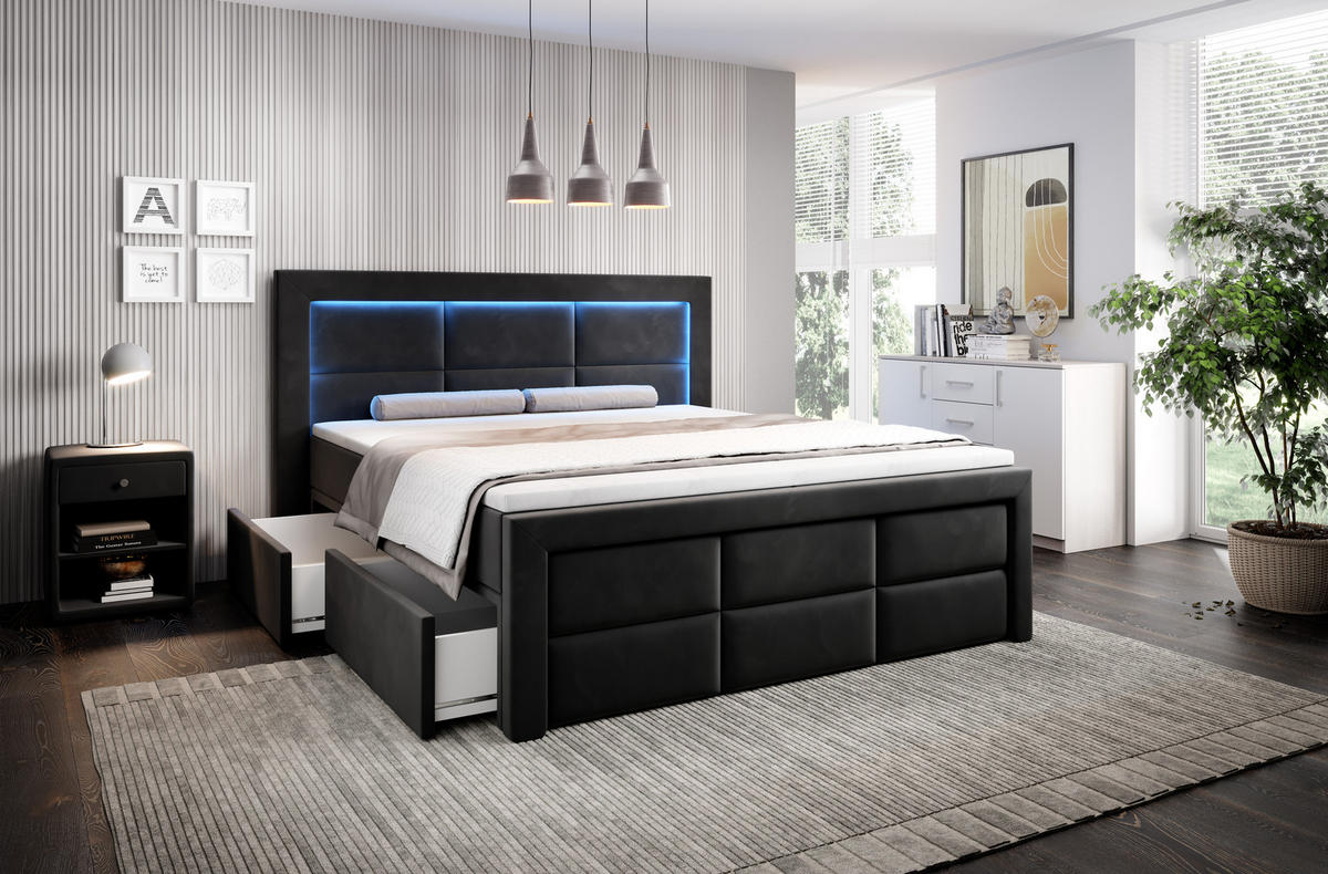 BOXSPRINGBETT Aspen mit Schubladen und Topper, LED-Beleuchtung, Samt, 180x200 cm, Schwarz - Schwarz, Holz - PROMETO Möbel