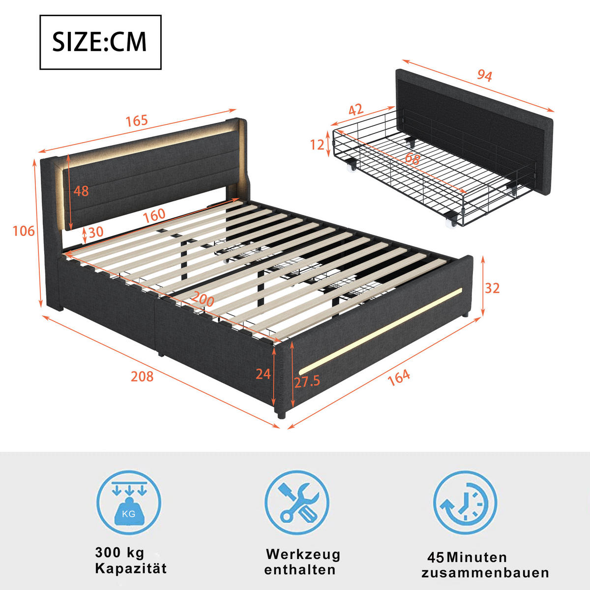 POLSTERBETT 160/200 cm DE-01937, in Grau, mit LED-Beleuchtung und 4 Schubladen - Grau, Metall (160/200cm) - ComfortXL