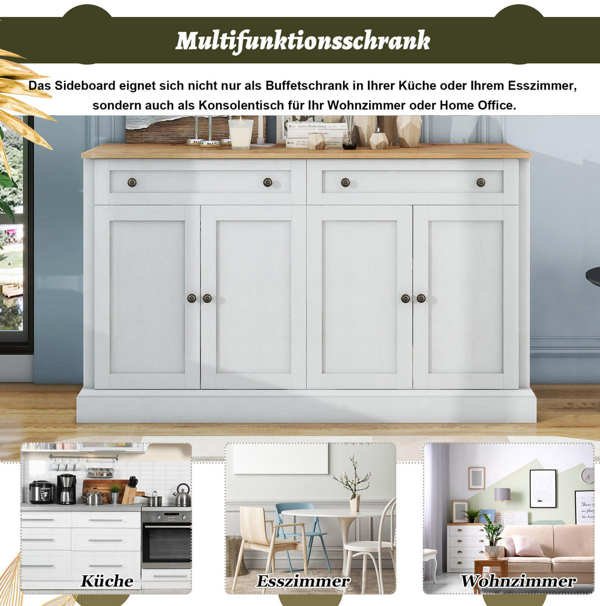 SIDEBOARD 150/40/86 cm aus Holzwerkstoff mit 4 Türen, 2 Schubladen und verstellbaren Einlegeböden Weiß/Natur - Naturfarben, Holzwerkstoff (150/86/40cm) - Modenvie