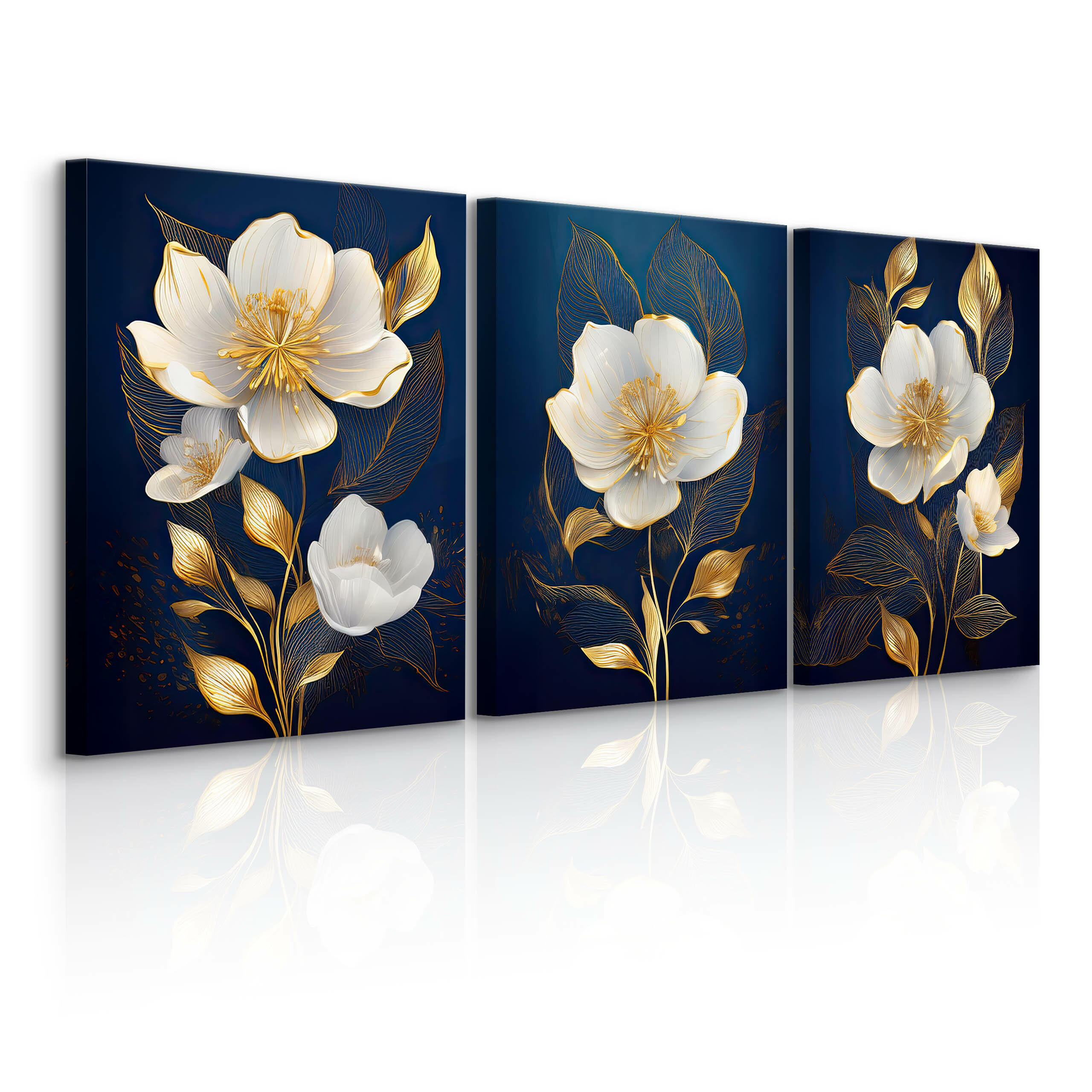 LEINWANDBILDER 3-es Set Glamour Blumen - Blau/Beige, Textil (90/40cm) - Muralo