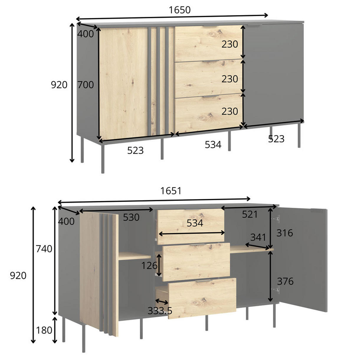 SIDEBOARD Rodgau Eiche Artisan / Schwarz 165 / 40 / 92cm - Eichefarben/Multicolor, Holz/Holzwerkstoff (165/92/40cm) - Feldmann-Wohnen