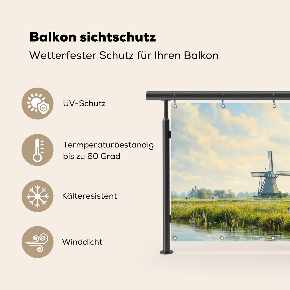 BALKON-SICHTSCHUTZ Kühe - Windmühle - Wiese - Blau - Grün, Kunststoff (300/100cm) - MuchoWow