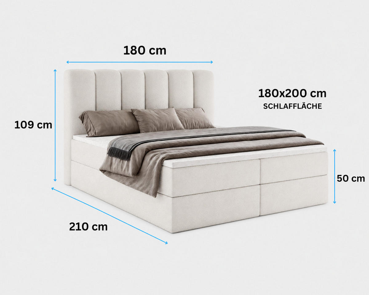 BOXBETT NOLARO 180x200 cm Komplett-Set mit Bettkasten, Bonell-Matratze und Topper, Bouclé Schwarz - Schwarz, Textil (180/200cm) - Luxkor24