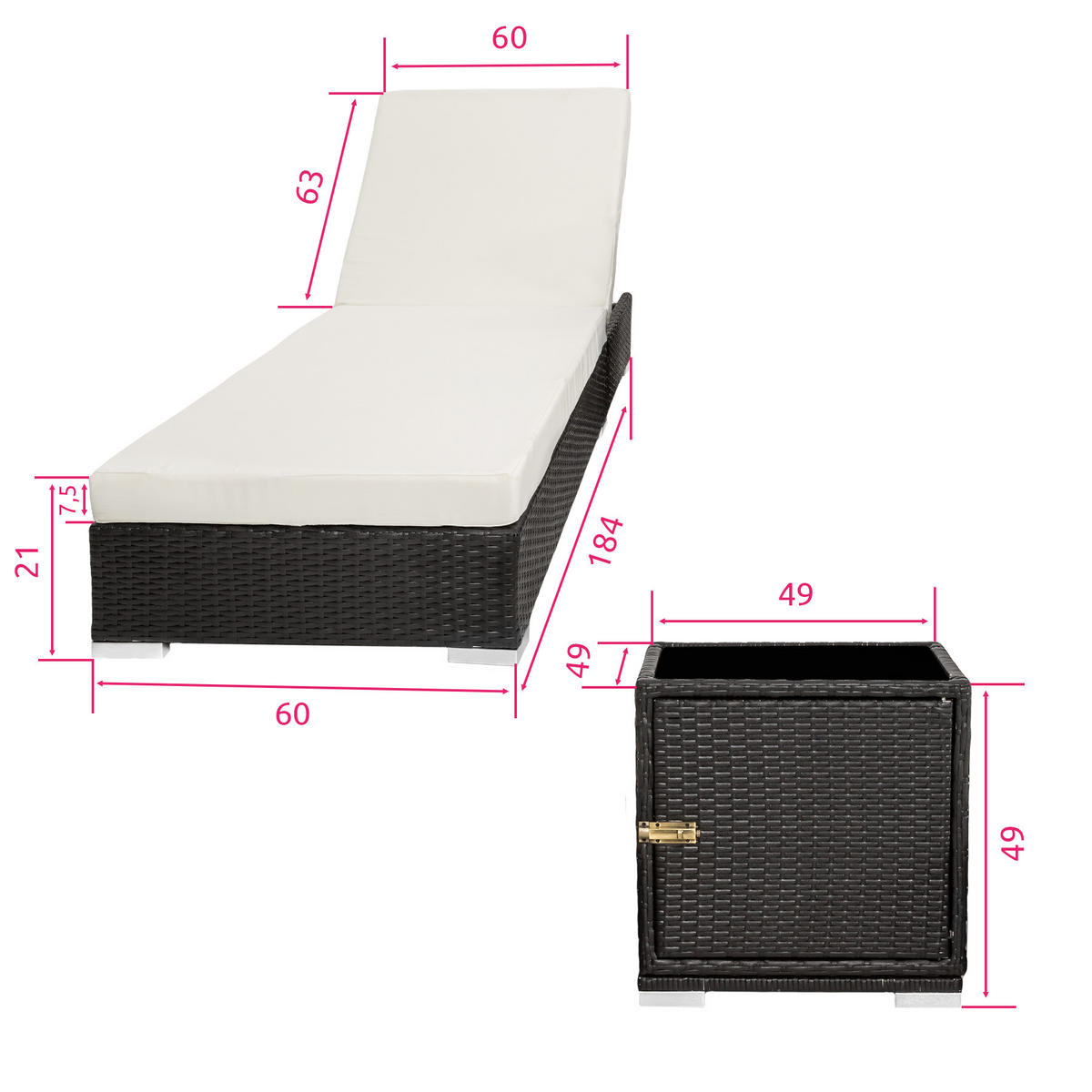 RATTAN-SONNENLIEGEN 2er Set, wetterfest und UV-beständig, schwarz - Schwarz, Kunststoff (60/21/184cm) - tectake