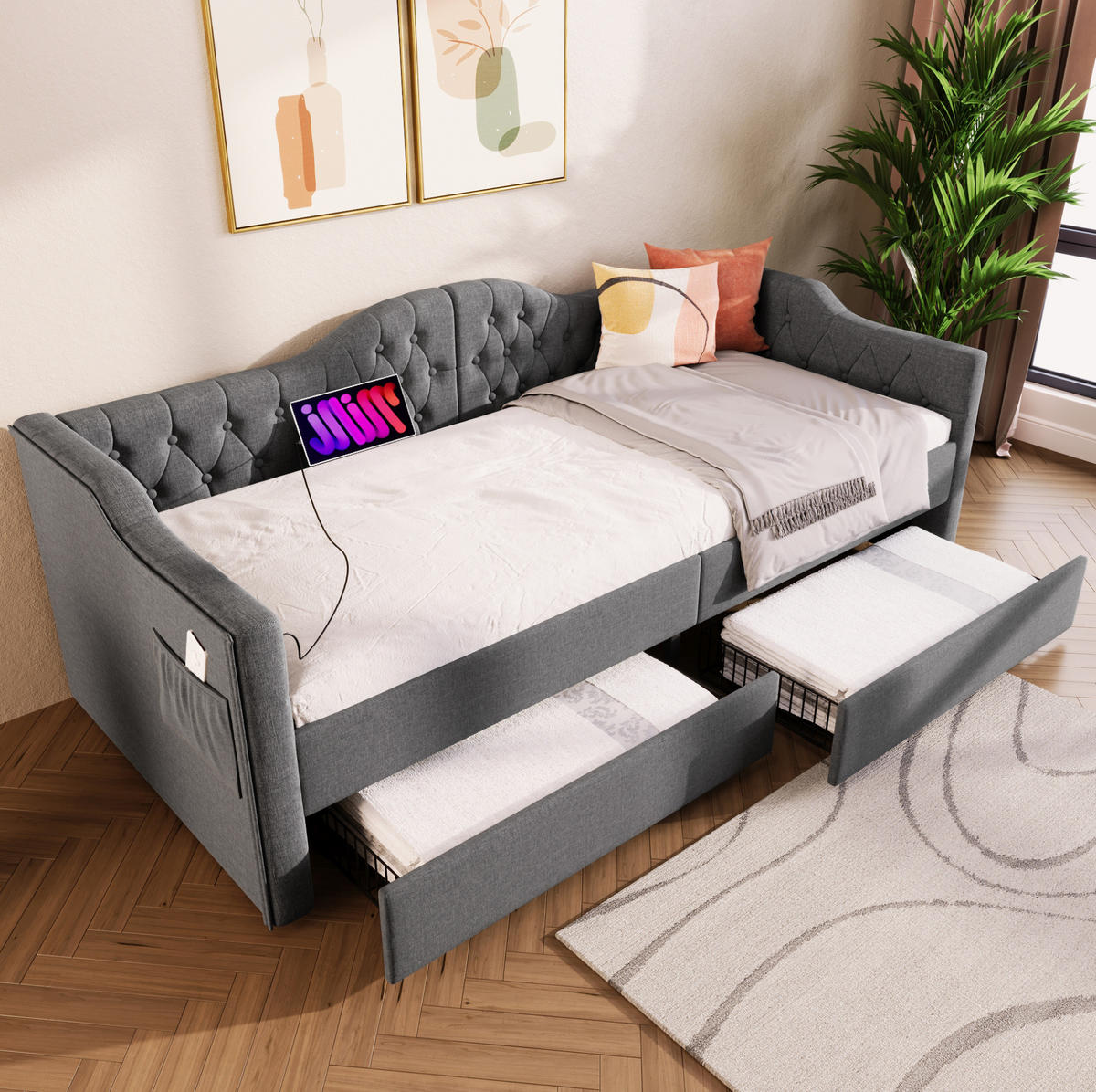 ČALOUNĚNÁ postel 90/200 cm z lnu šedá s USB-C nabíjením a 2 zásuvkami - šedá, textil (90/200cm) - BEAOK